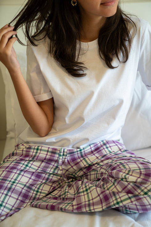Women summer pajama set White T-shirt + Green X Purple Tartan Plaid Pants